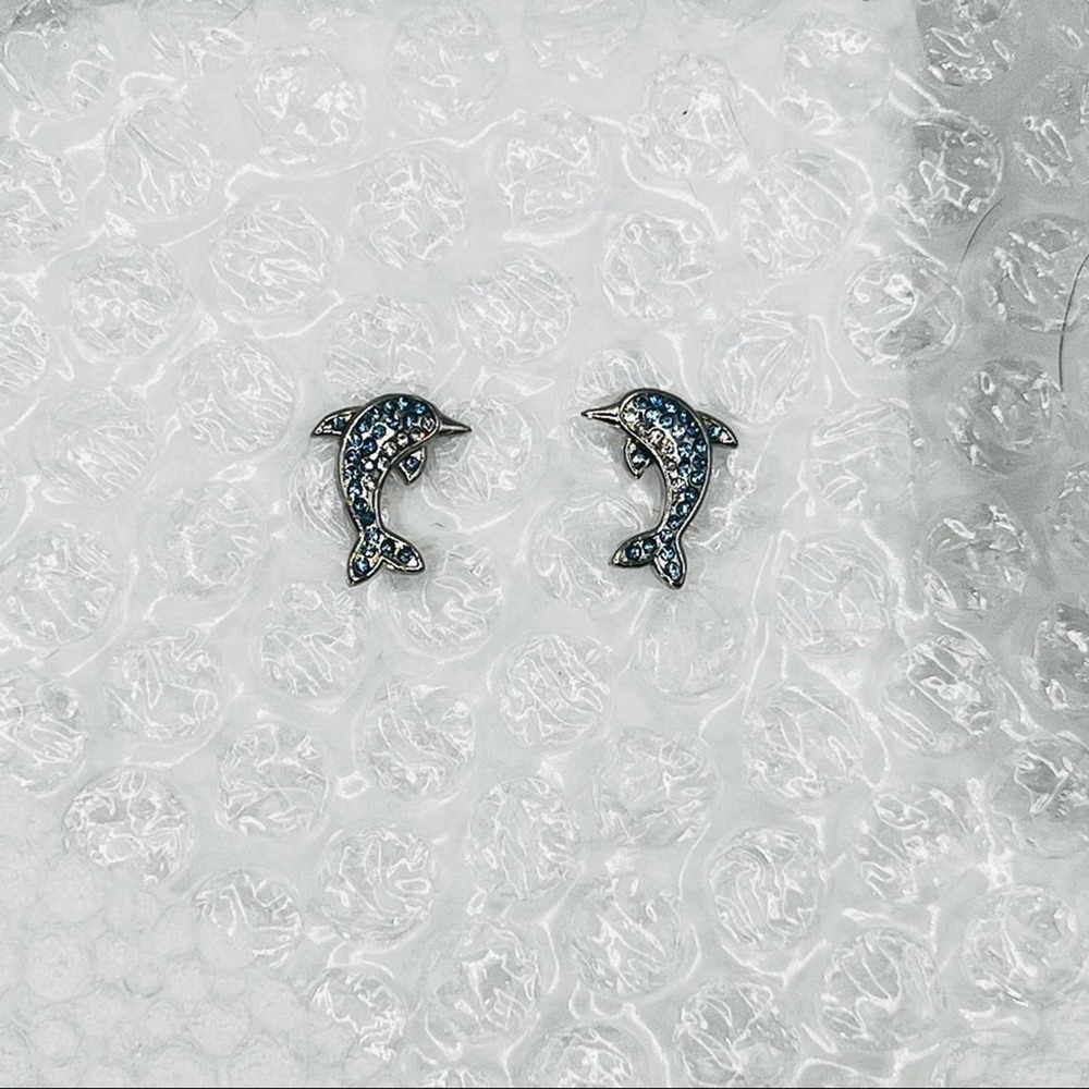 Dolphin crystal rhinestone silver earrings, New - Picture 2 of 14